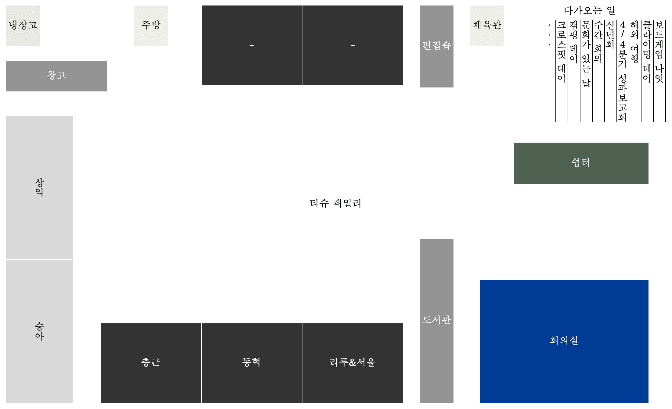 흰색 직사각형 안에 크기와 비례가 서로 다른 검은색, 회색, 파란색, 풀색 직사각형 십여 개가 이 수직과 수평을 맞춰 군데군데 떨어져 있는 사진